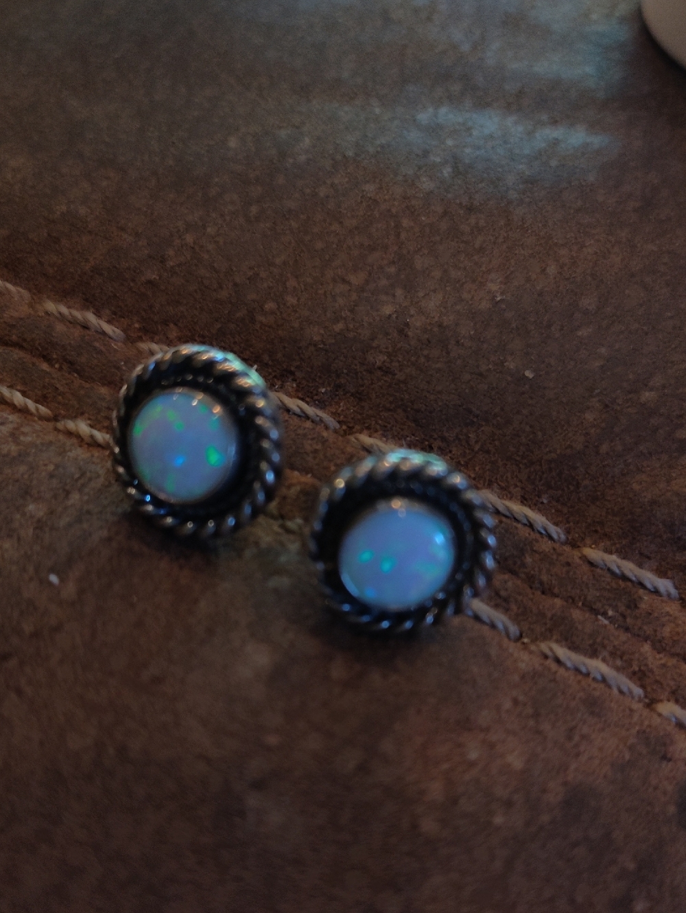 Sterling Silver Rope-Edge Blue Opal Stud Earrings - Vintage